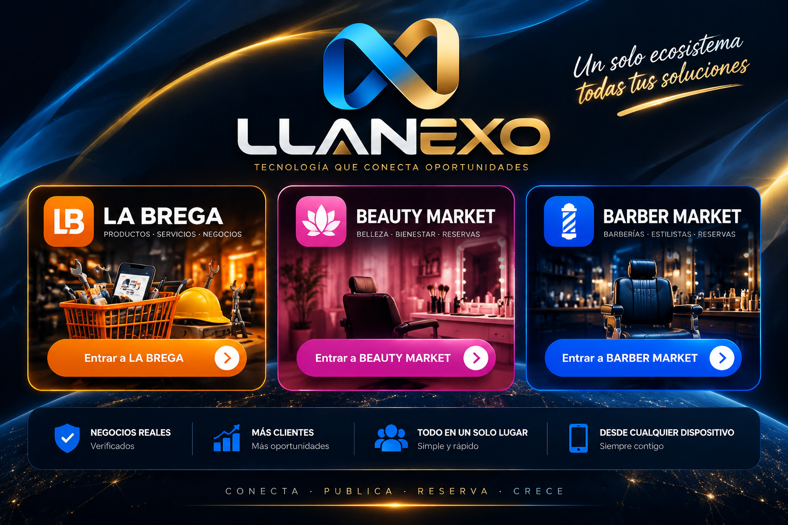 LLANEXO: un solo ecosistema, todas tus soluciones. LA BREGA, BEAUTY MARKET y BARBER MARKET.